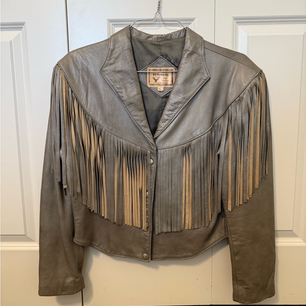 Vintage El Venado Gray Metallic Fringe Leather Jacket size Large